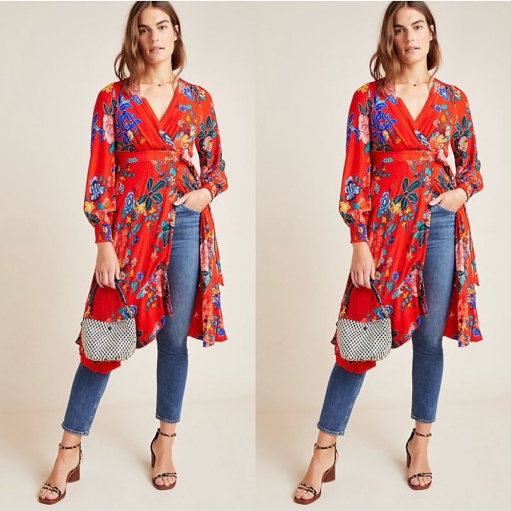 Anthropologie Red Floral Boswell Midi Dress 8 - Picture 2 of 16